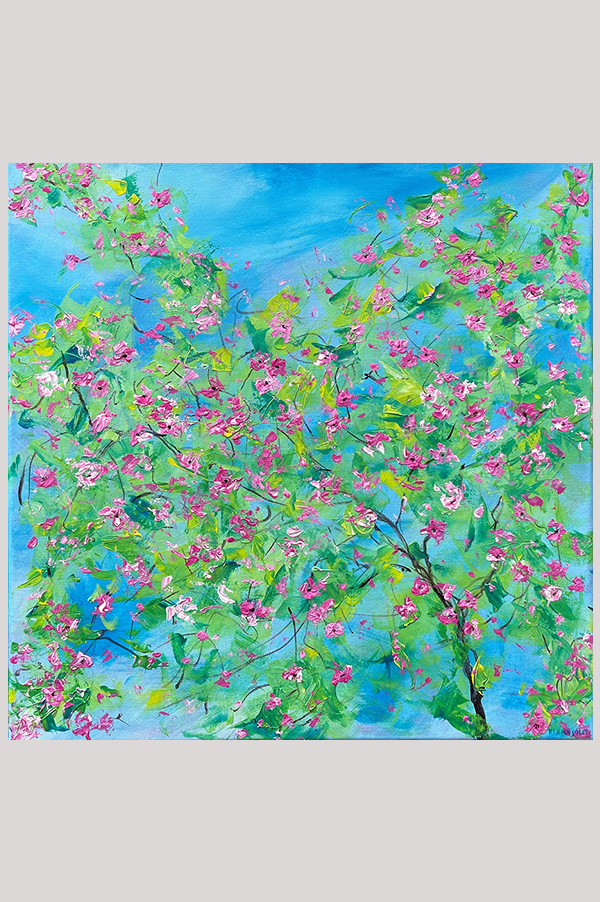 Original turquoise and pink abstract floral acrylic painting of cherry blossoms on stretched canvas size 20 x 20 - Spring Is In The Air