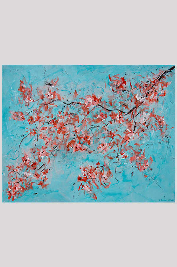 Original teal and orange abstract floral acrylic painting of a blossom tree on stretched canvas size 20 x 16 - Spring Blossom
