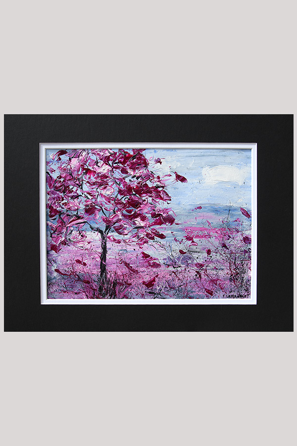 Original impasto textured abstract landscape painting of a cherry tree blossom in the meadows in the shades magenta pink and gray - Spring Breeze