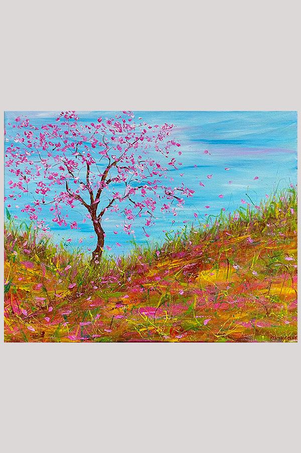 Colorful original expressionist abstract landscape painting of a cherry blossom tree on stretched canvas size 20 x 16 inch - Spring is Coming!