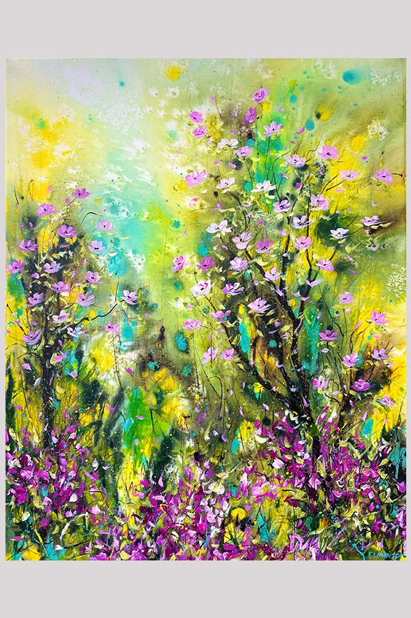 Original colorful abstract floral landscape painting of blooming azaleas and dogwood trees - Spring Dance