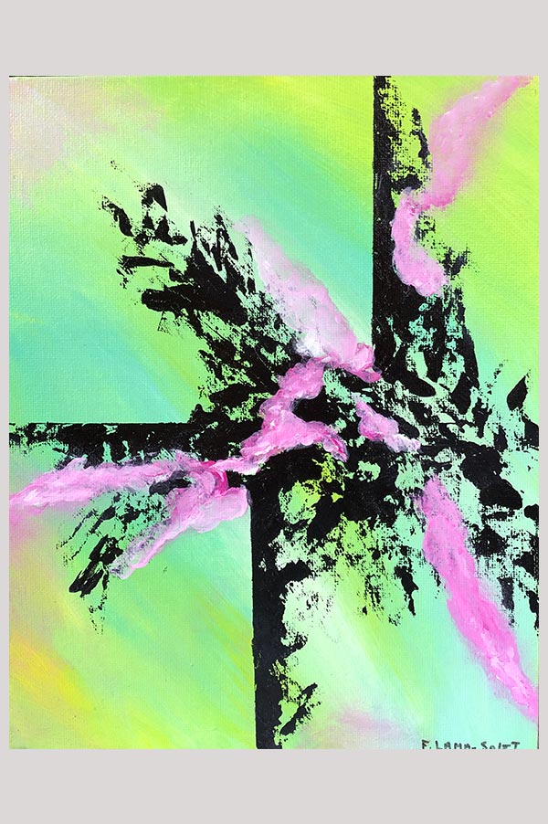 Small colorful contemporary abstract painting in the shades green, pink and black on canvas panel – Spring Light