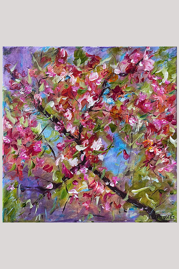 Original contemporary impressionist floral artwork hand painted with acrylics on a stretched canvas size 10 x 10 inches - Spring Passion