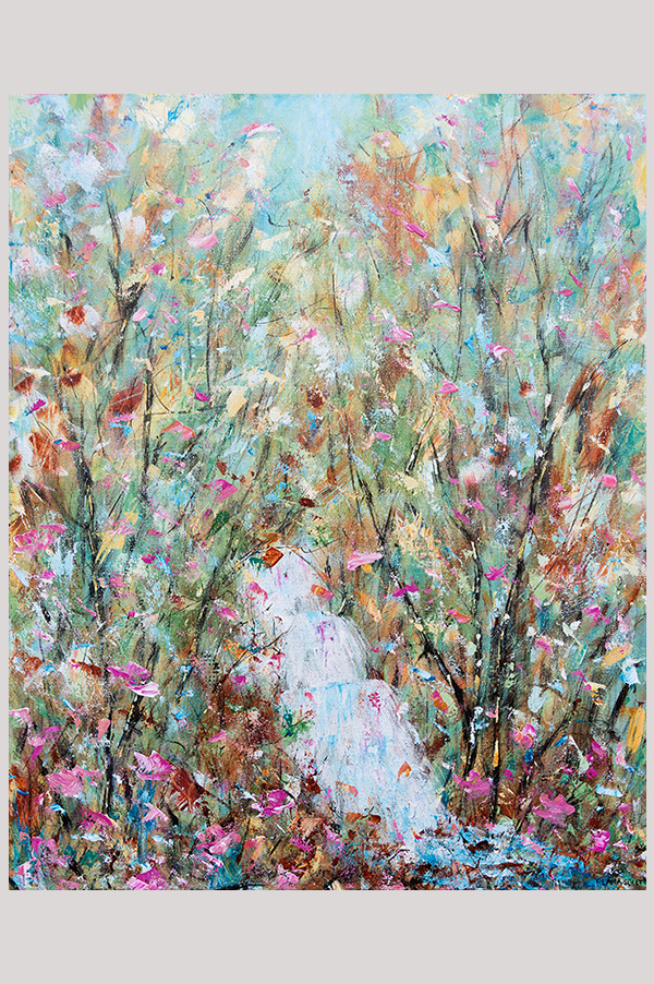 Original impressionist landscape painting of abstract loose trees, waterfall and pink flowers on gallery wrapped canvas size 24 x 30 inch - Spring in the Trails