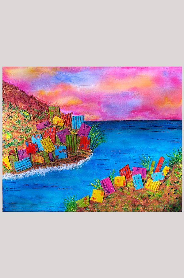 Original contemporary mixed media textured abstract landscape painting representing colorful houses on cliffs - Summer in Italy