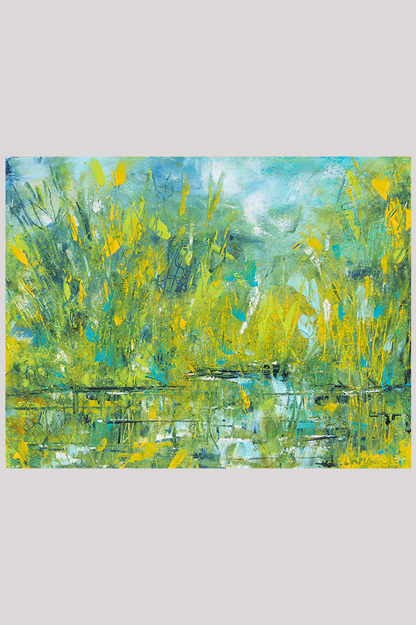 Original mixed media abstract landscape and water reflection painting done with oil and cold wax on oil paper - Summer in the Marshes