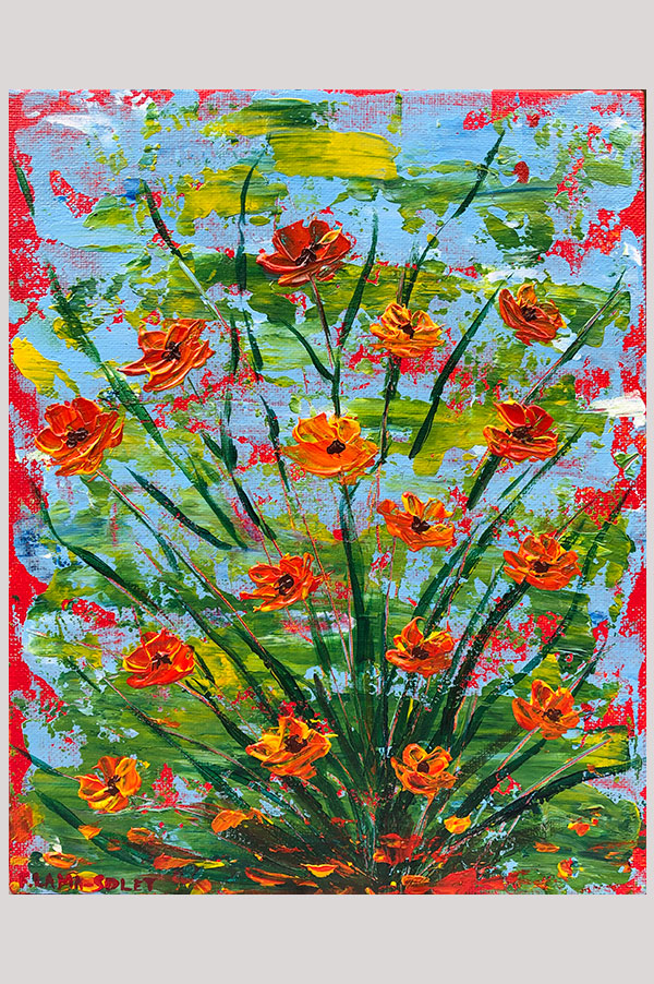 Colorful Original abstract acrylic painting on canvas panel size 8 x 10 inches done with palette knife featuring california poppies - Summer Poppies