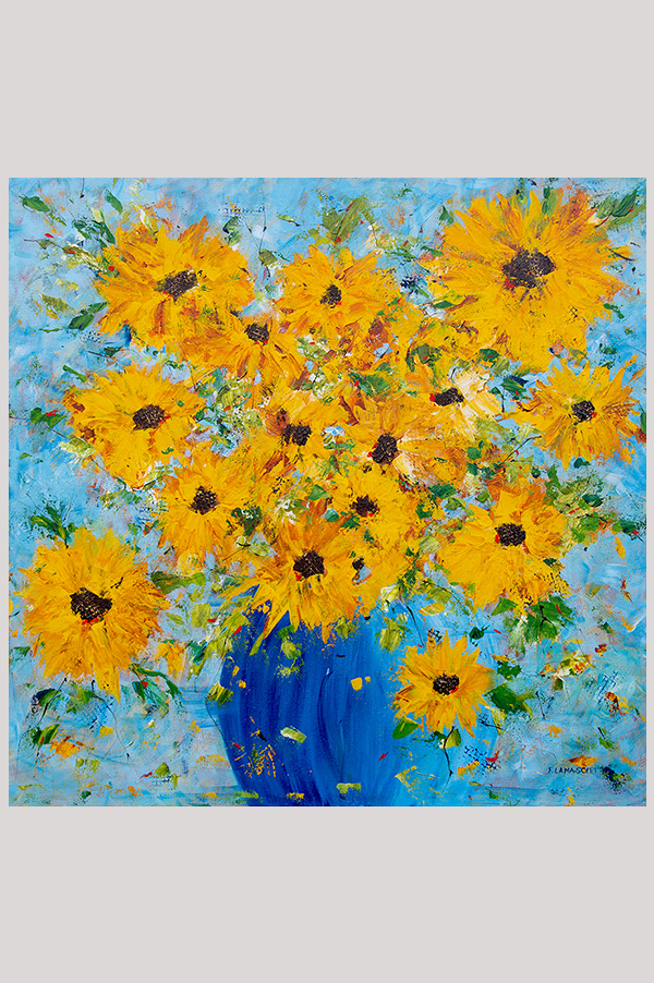 Colorful Original contemporary impressionist painting of a sunflower bouquet in a vase hand painted with acrylics on a gallery wrapped canvas size 24 x 24 inches - Summer Smile