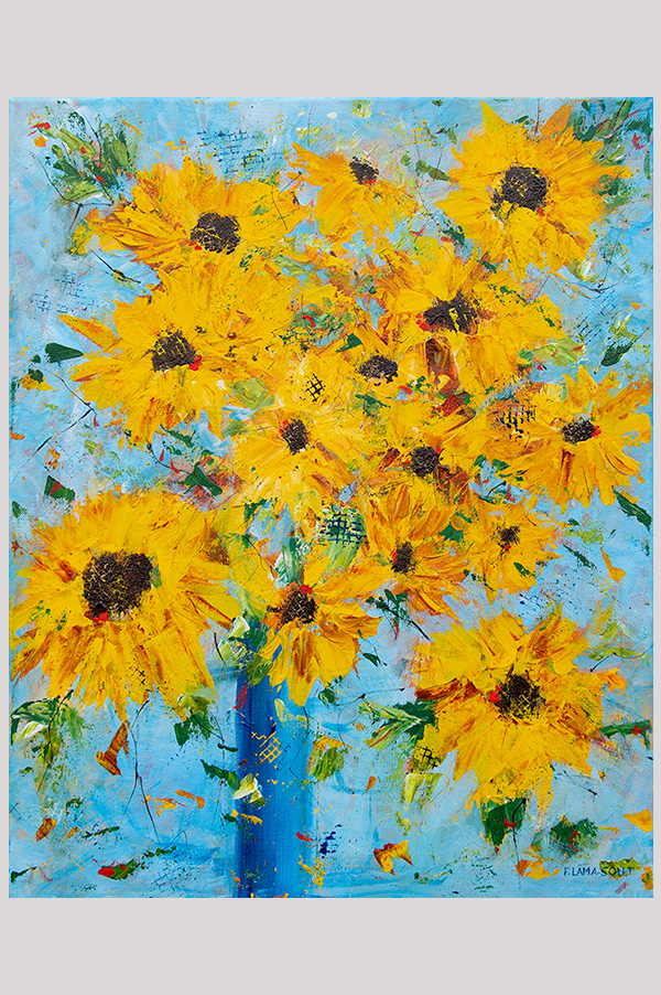 Colorful Original contemporary impressionist painting of a sunflower bouquet in a vase hand painted with acrylics on a gallery wrapped canvas size 16 x 20 inches - Summer Smile #2