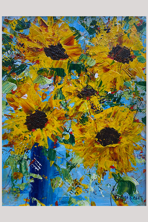 Original colorful impressionist painting of a sunflower bouquet in a vase hand painted with acrylics on watercolor paper size 8.25 x 10.75 inch and mounted in a mat size 11 x 14 inches - Summer Smile #3
