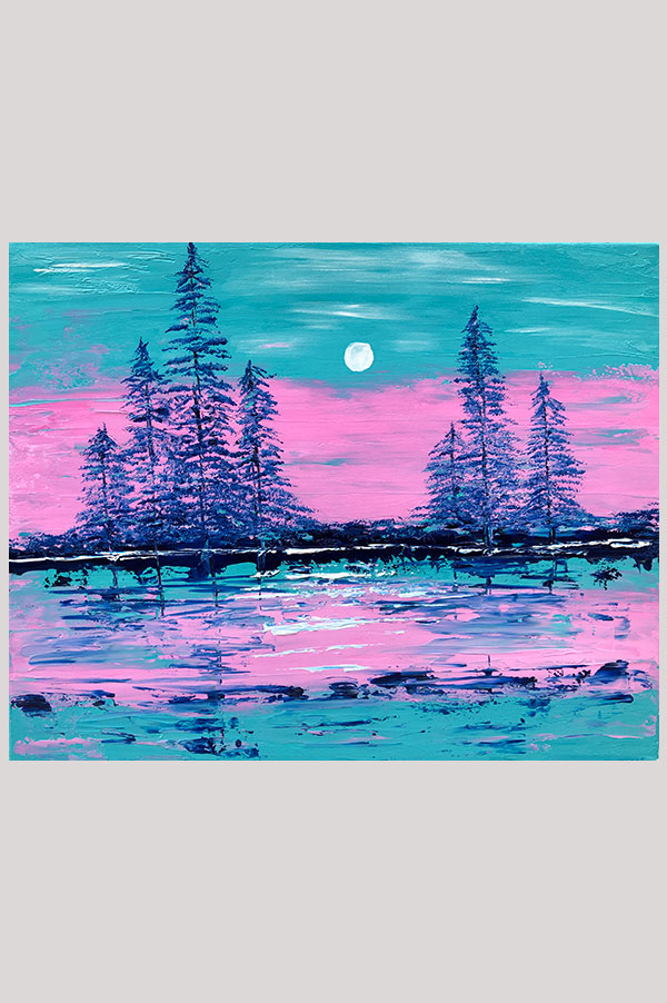 Colorful Original abstract landscape painting on stretched canvas size 20 x 16 inches in the shades mint, teal, blue and pink - Sunset By The Lake