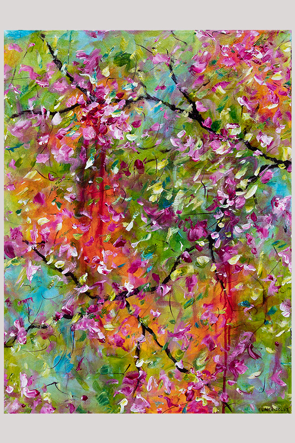 Colorful Original contemporary abstract floral artwork hand painted with acrylics on a gallery wrapped canvas size 18 x 24 inches - Sunset on Spring Blossoms