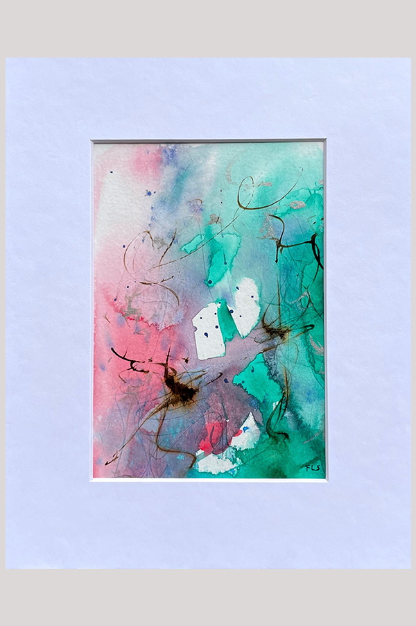 Small original intuitive loose fluid abstract painting size 4.5 x 6.5 inch in the shades pink and mint with silver accents done on watercolor paper and mounted in a mat - Tranquility