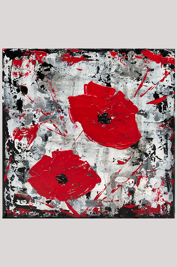 Small black, white and red mixed media art painting on stretched canvas size 6 x 6 inches - Urban Poppies Red