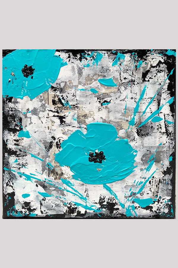 Turquoise, black and white mixed media wall art painting on stretched canvas size 6 x 6 inches - Urban Poppies Teal