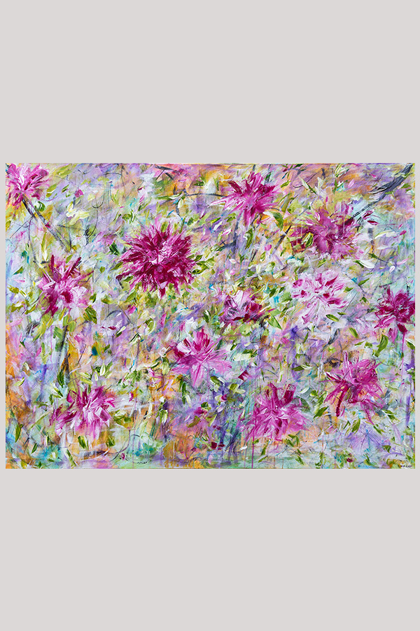 Original contemporary abstract floral artwork hand painted with acrylics on a gallery wrapped canvas size 36 x 48 inches - Vive le Printemps