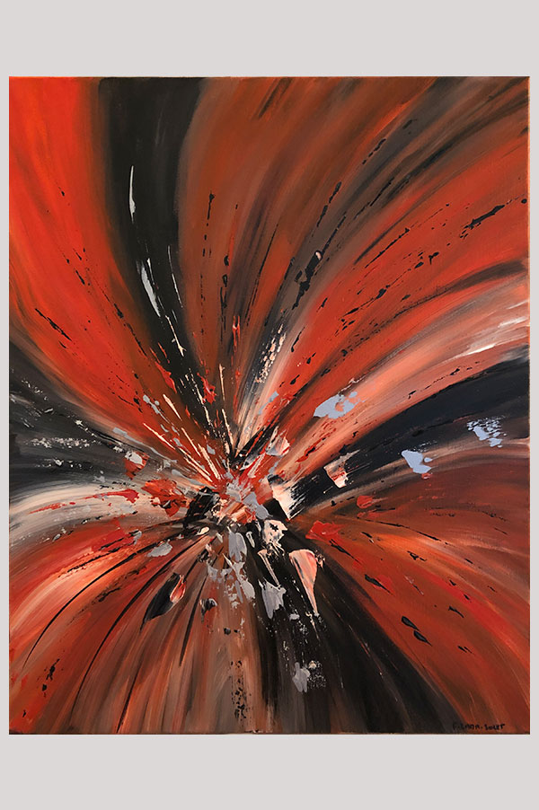 Red and black original contemporary modern abstract painting on stretched canvas with silver accents - Volcano Eruption