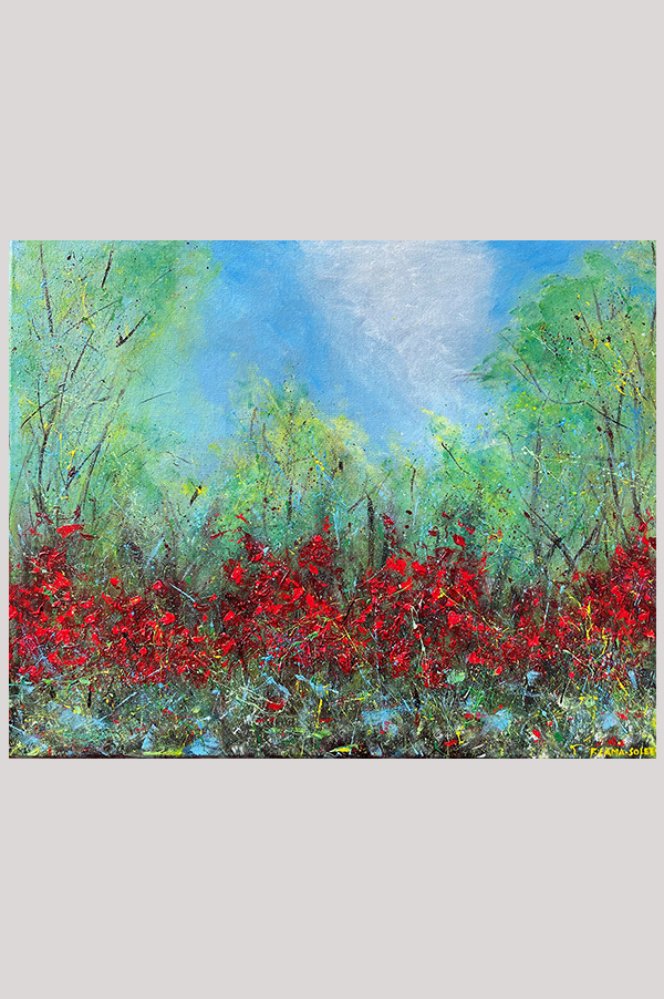 Original abstract landscape painting of trees and red azalea on canvas size 20 x 16 - Walk With Me