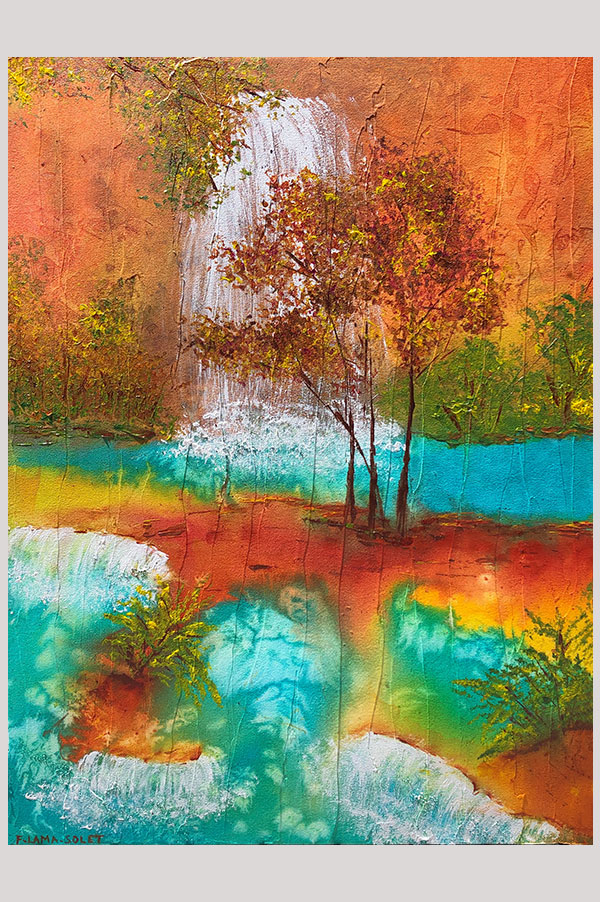 Colorful original textured abstract landscape painting of waterfalls in the different shades of oranges, green, teal, yellow and white - Waterfall Trails