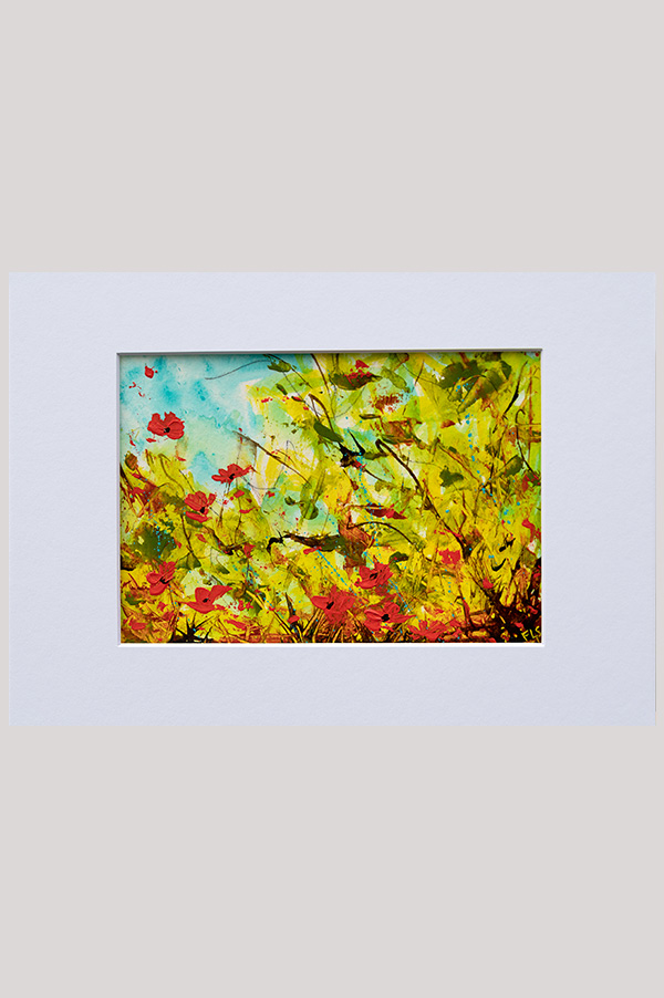 Original colorful abstract impressionist floral landscape painting of poppy flowers hand painted with acrylics on watercolor paper size  7 x 5 inch and mounted in a mat size 10 x 8 inch - Wild Poppies