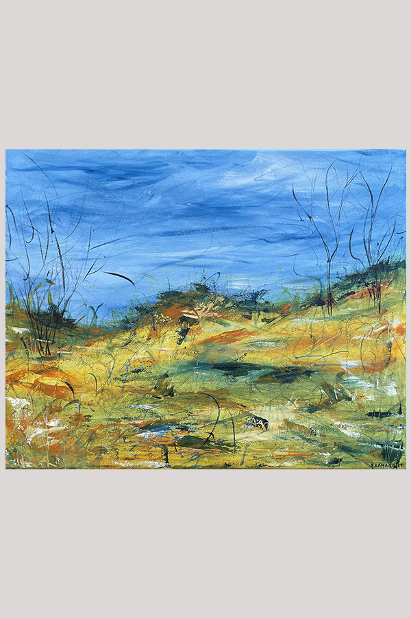 Original mixed media abstract landscape painting on stretched canvas size 20 x 16 inches in the shades prussian blue, indian yellow and green - Windy Day