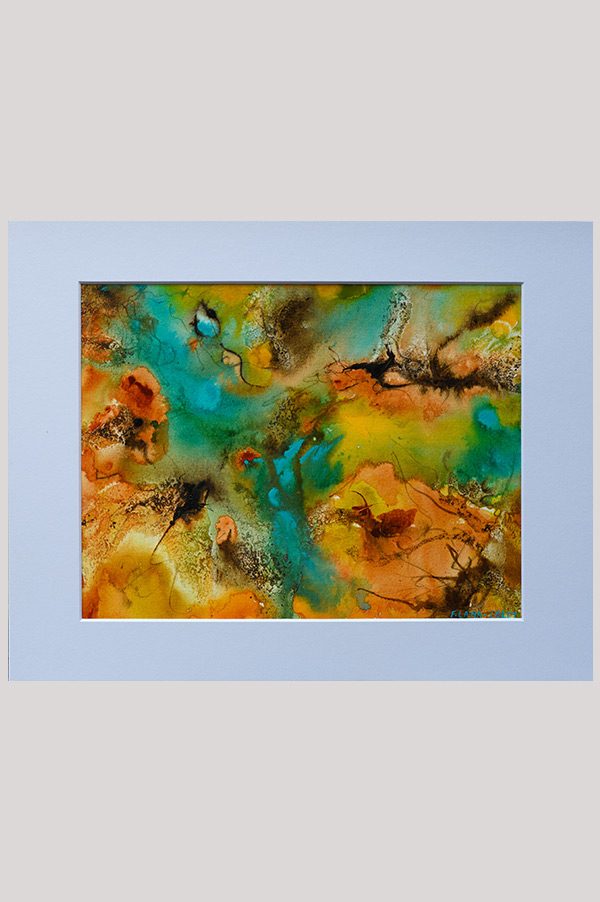Fluid acrylic painting of an abstract landscape inspired by the colors of Yellowstone done watercolor paper and mounted on white board size 11 x 14 - Yellowstone Wonders