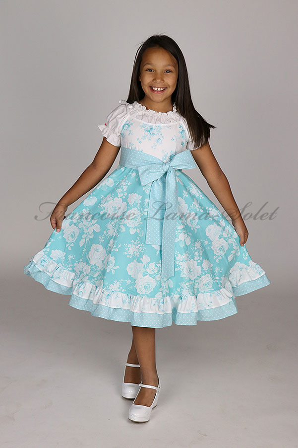 Girl's romantic chic floral ruffled twirl dress handmade with white and blue cotton prints Blue Roses