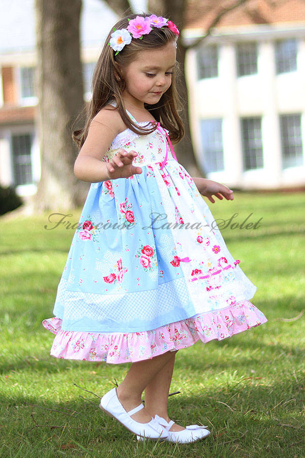 Girl's romantic patchwork ruffled twirl dress handmade with shabby floral pink and blue prints Country Rose Blue
