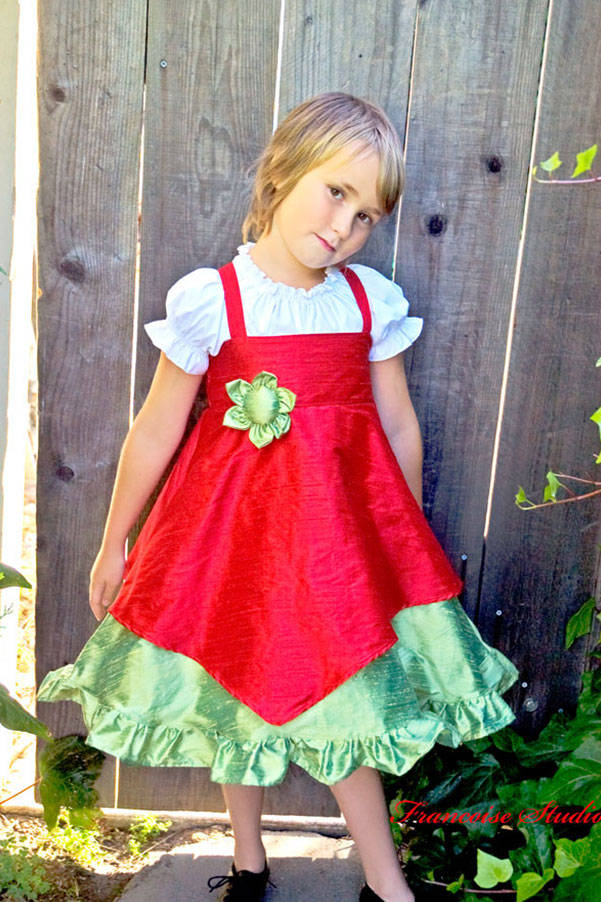 Girl's asymmetrical 2-layer ruffled twirl dress with shoulder straps handmade with lime green and red dupioni silk Merry Belle Size 7
