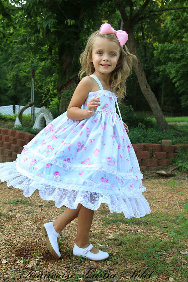 Flower girl birthday tea party shabby chic lace trimmed sister floral dress Romantic Roses Blue