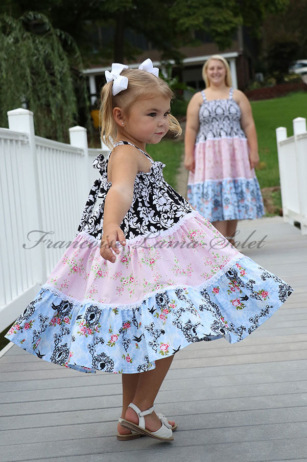Patchwork country style tiered sundress handmade with pink, blue and black floral and damask cotton prints - Rosalie