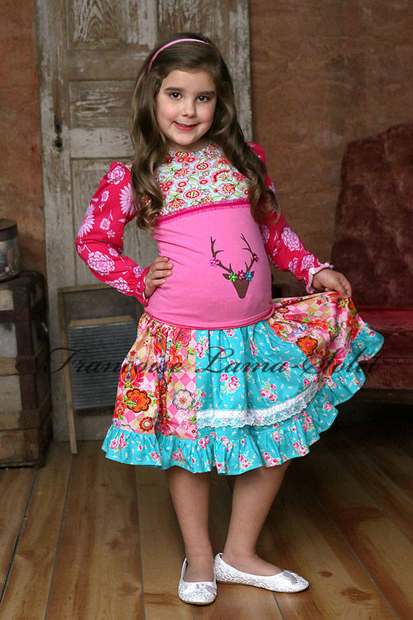 Girl's fall winter colorful pink blue long sleeve floral t-shirt printed with a deer head and ruffled twirl skirt Leanne