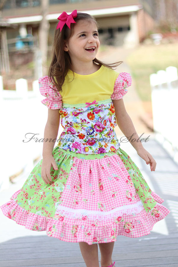 Girl's colorful floral yellow patchwork t-shirt with puff sleeves and twirl skirt Spring