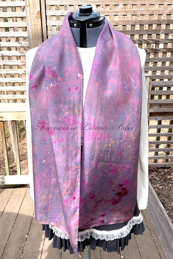 Women's wearable art ice dyed silk scarf hand dyed with lavender, gray and pink shades - Adele