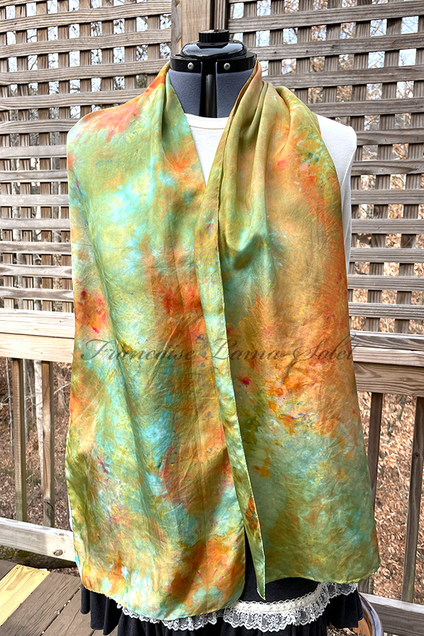 Women's wearable art ice dyed long silk scarf hand dyed with different shades of red orange, copper, green and aqua - Amelia