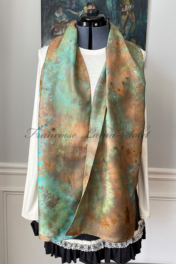 Women's wearable art ice dyed brown, copper, green and aqua long hand dyed silk scarf - Anna #2