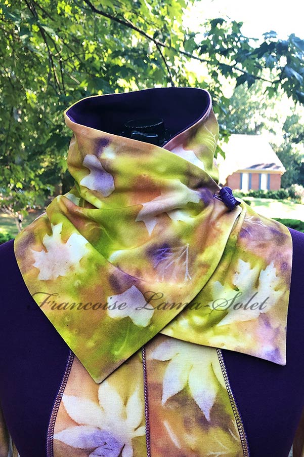 Women’s one of a kind hand painted fall button neck warmer scarf in the shades cinnamon, green and purple with leaf print – Autumn Delight