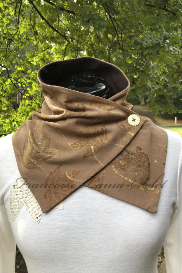 One of a kind neck warmer button scarf handmade with a light brown cotton lycra jersey and hand printed with fall leaves – Autumn Leaves