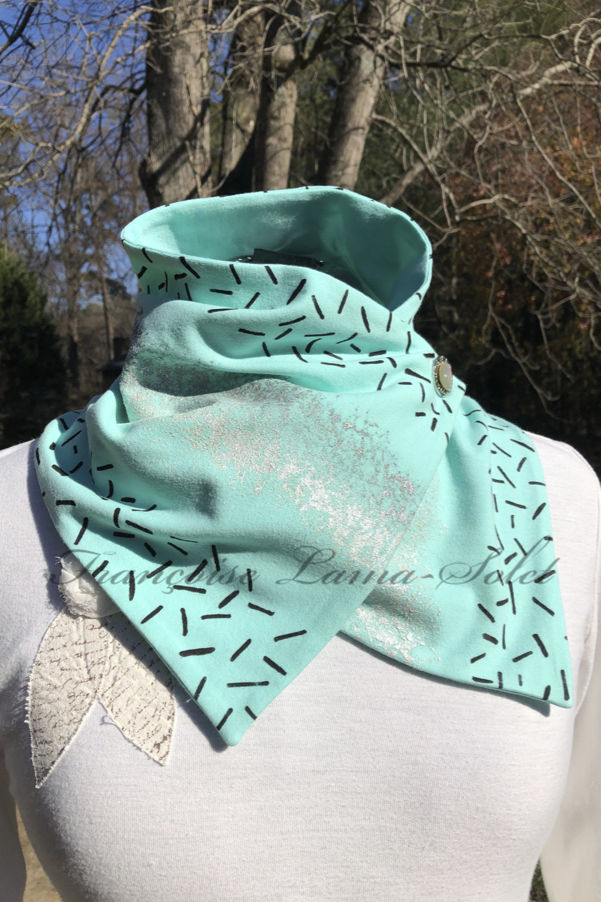 Women’s button neck warmer scarf wrap hand made with seafoam mint green cotton jersey and hand printed with abstract print – A Breeze of Hope