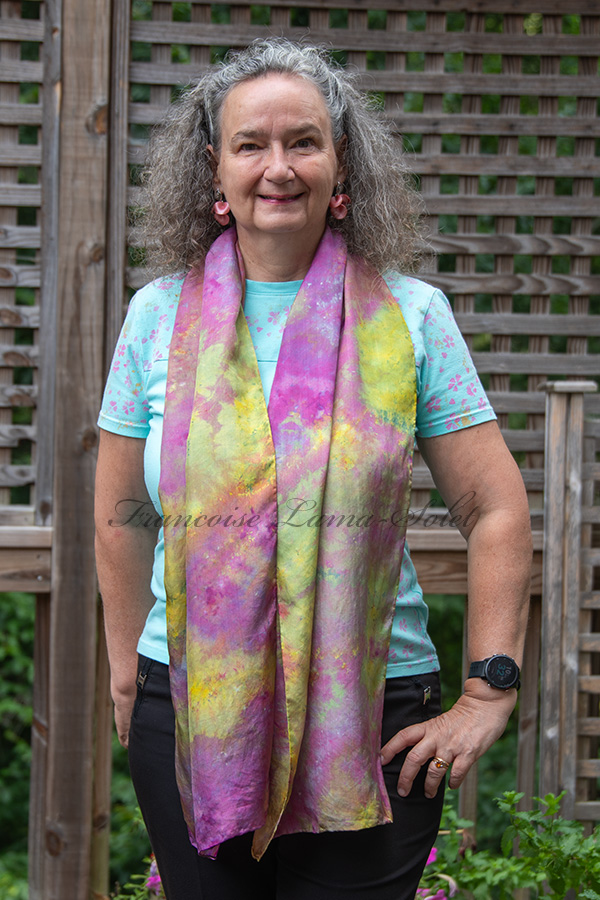 Women's wearable art ice dyed long silk scarf hand dyed with different shades of pink, green, purple, orange and yellow - Bright Garden