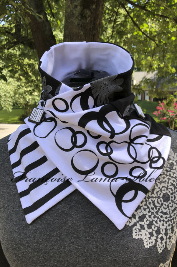 One of a kind art to wear patchwork neck warmer scarf handmade with white cotton jersey and hand printed with black bubbles, stripes, flowers.