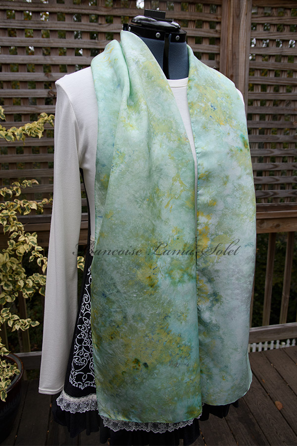 Women's wearable art ice dyed silk scarf hand dyed with pastel shades of seaglass - Camille