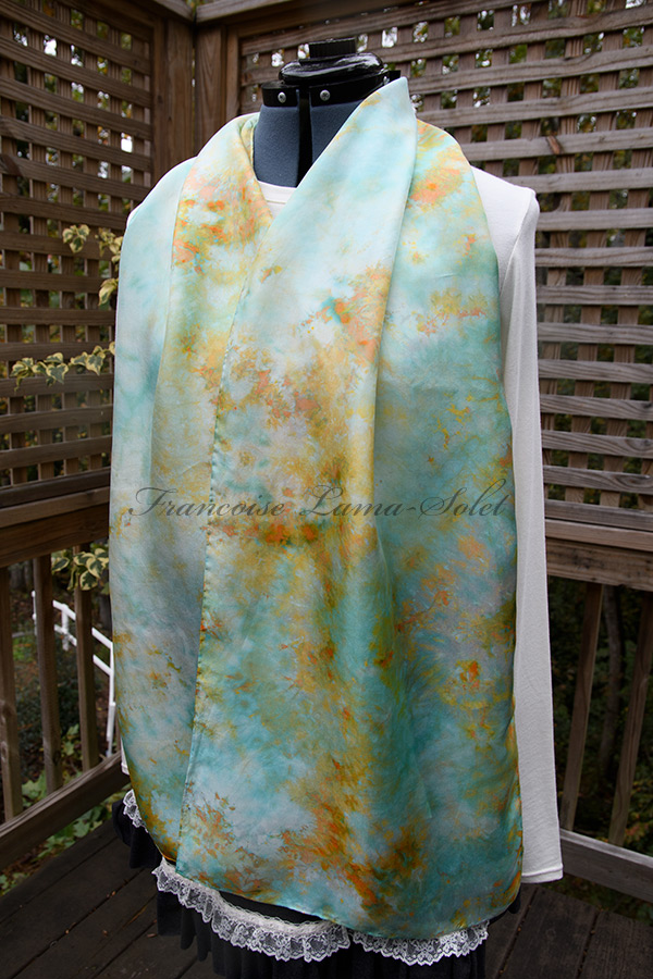 Women's wearable art ice dyed pastel aqua and marigold long hand dyed silk scarf - Clemence