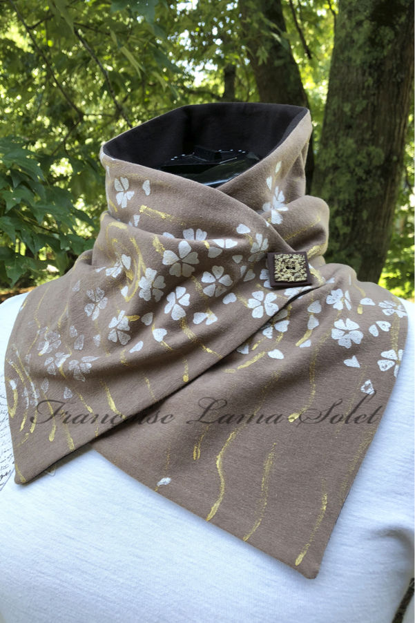 Light brown cotton jersey neck warmer scarf hand painted with metallic gold and hand printed with pearl cherry blossoms – Blossoms in the Fall