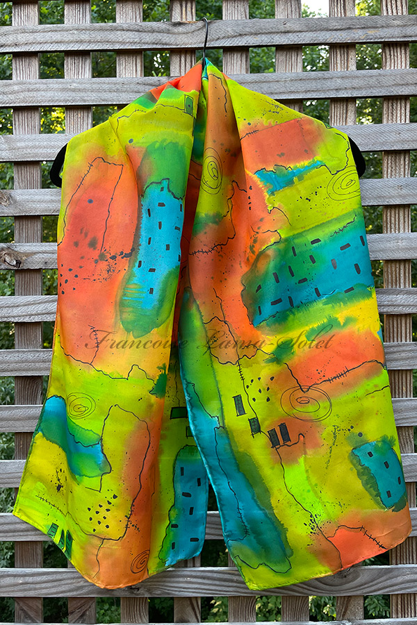 Women's wearable art silk scarf hand painted with an abstract urban style painting in different shades of turquoise, orange, green and black - Find Your Way
