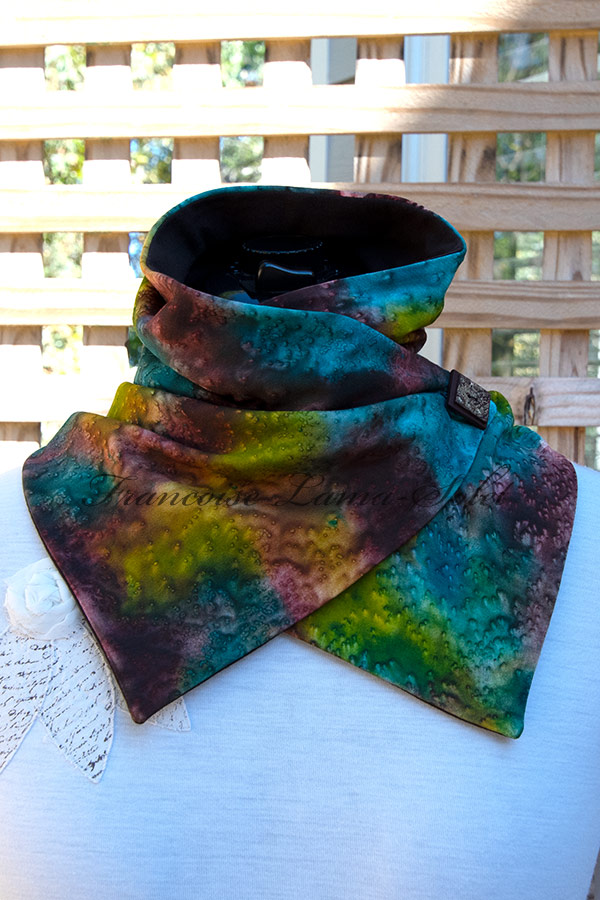 Women's wearable art button neck warmer scarf handmade, hand painted and sun printed in different shades of brown, teal and yellow sulfur green - Forest