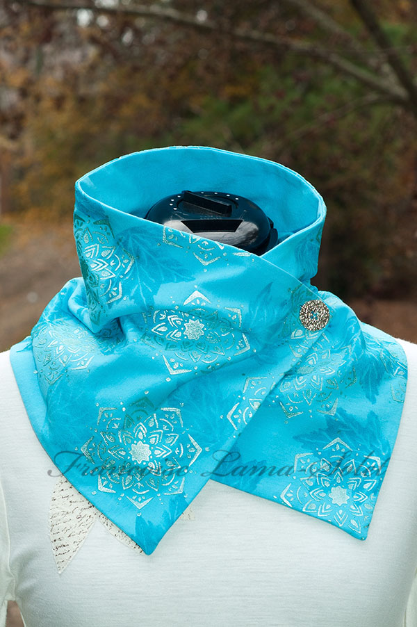 Artsy hand printed turquoise mandala leaf women modern button scarf Frosted Mandala