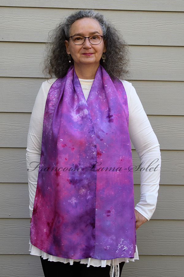 Women's colorful wearable art lightweight summer silk scarf hand dyed in the shades purple and hot pink - Fuchsia