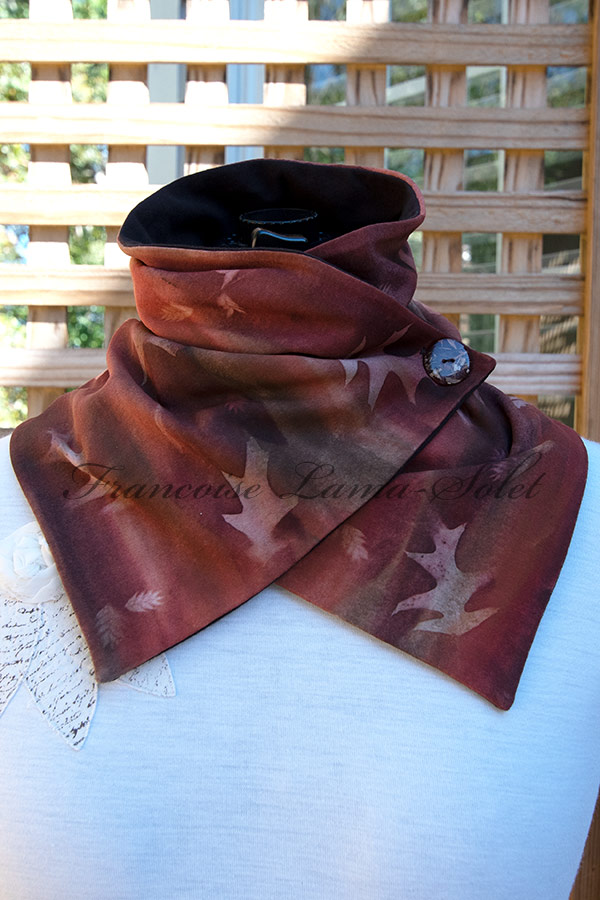 Women's wearable art button neck warmer scarf handmade, hand painted in different shades of brown and sun printed with leaves - Ginger