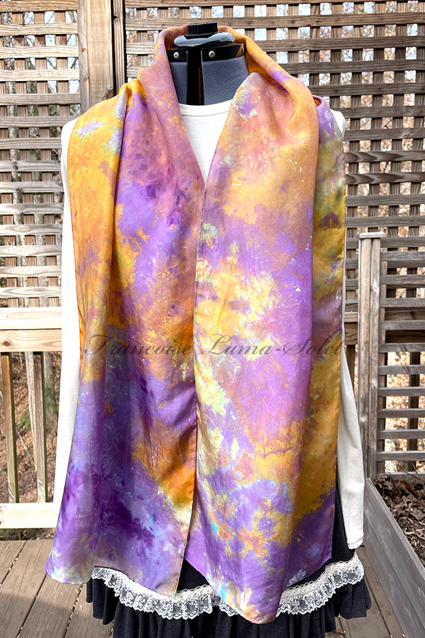 Women's wearable art ice dyed long silk scarf hand dyed with different shades of purple, orange and aqua - Gypsy